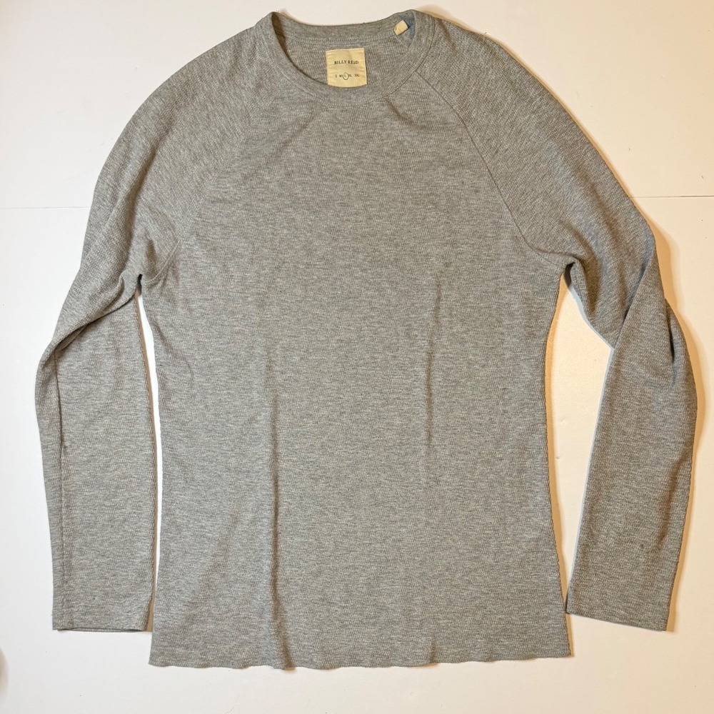 Billy Reid Waffle Knit Top Mens L Gray Cotton Raglan Sleeve Thermal Stained